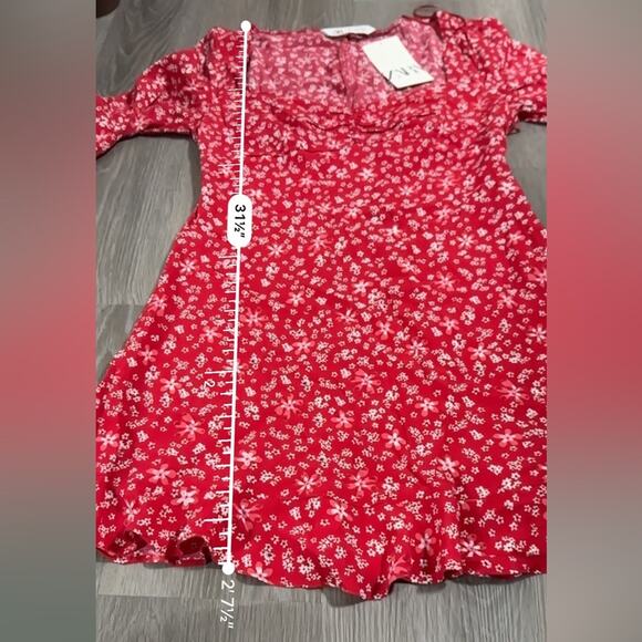 Zara Red & White Dainty Floral Print 3/4 Sleeve Sweetheart Mini Dress Size M NWT - Picture 8 of 8
